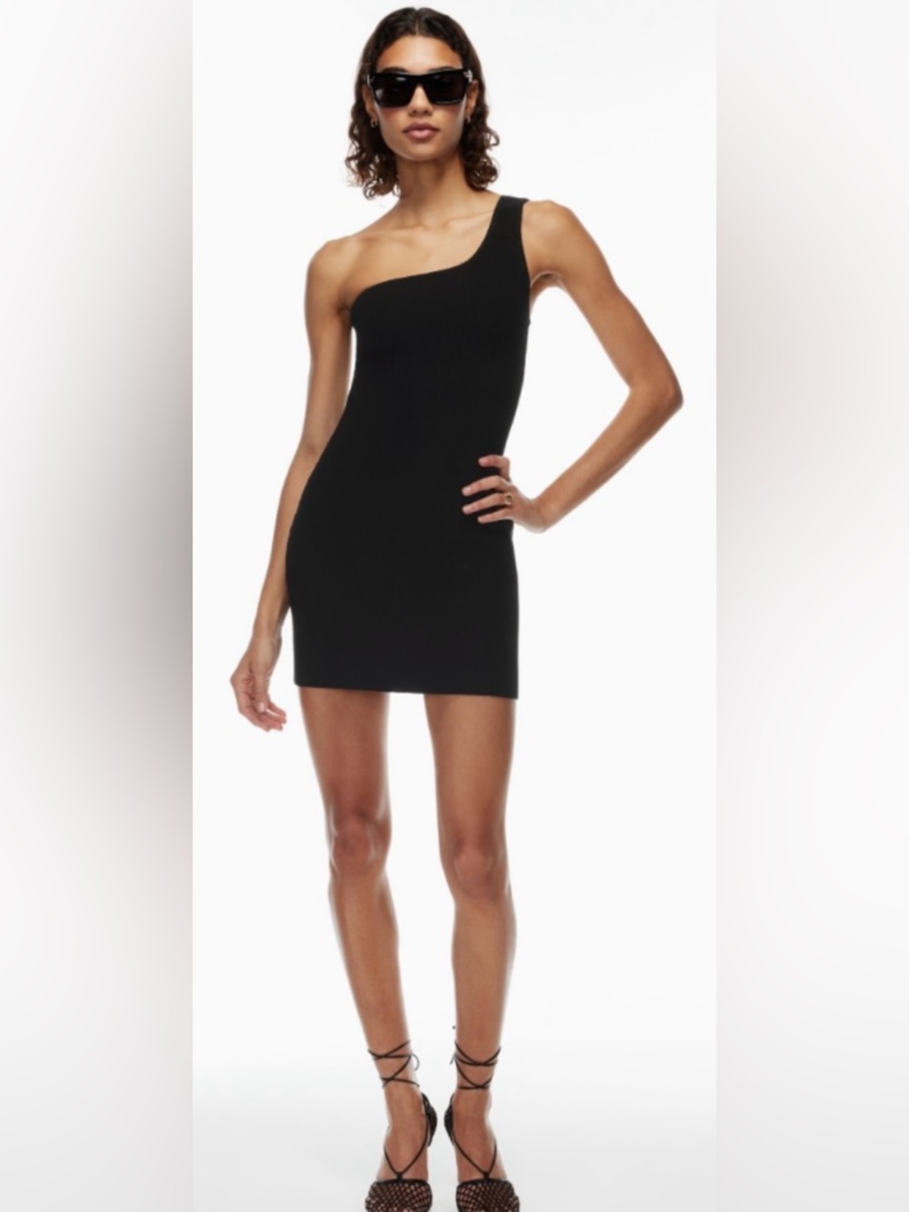 Aritzia Babaton Black One-Shoulder Ribbed Mini Dress